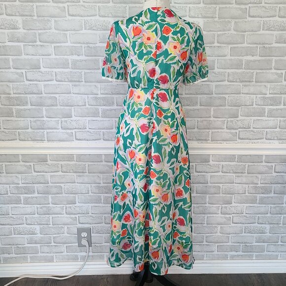 Psalter Poppy Floral Midi Dress Tie Neck Puff Sleeve Cottage Modest 36 EU 6 US - Picture 3 of 9